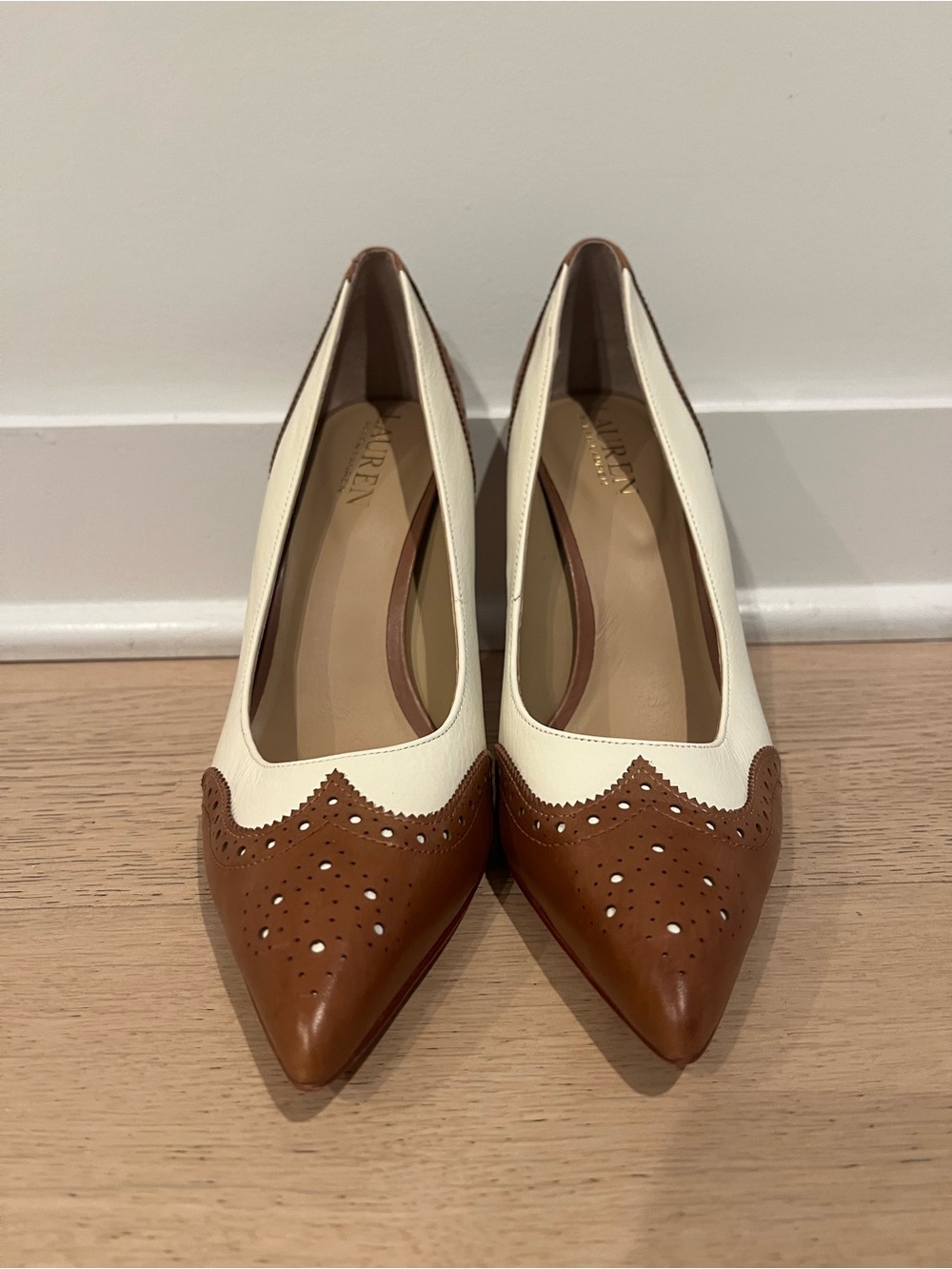 Lauren Ralph Lauren Cream and Brown Pointed Brogue Pumps